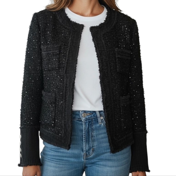 Nanette Lapore Cotton Tweed Jacket With Open Front In Black & Silver Sequins NWT - Picture 2 of 14